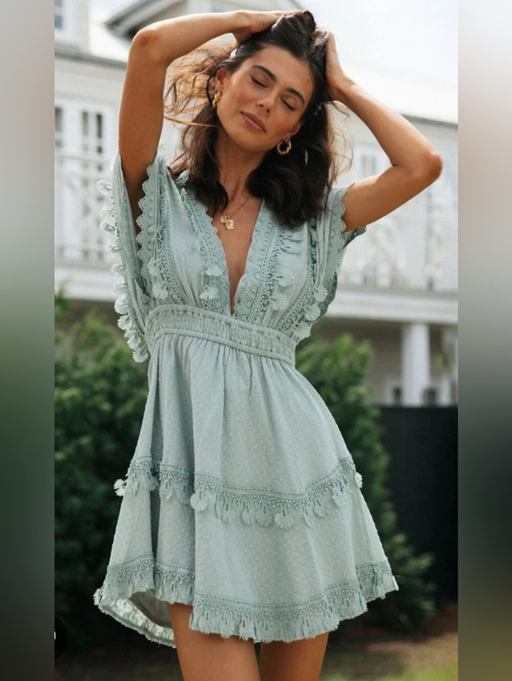 NWT TwentyTen Boho Lace Plunge Tiered Mini Dress Smocked Backless Sage Green